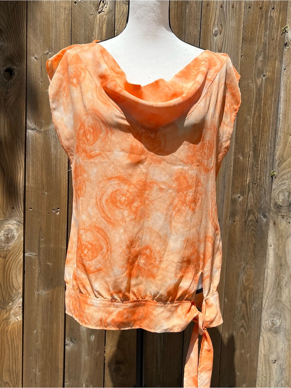 Y2K Vintage New York & Company Colorful Orange Rose Tie-Dye Cowl Neck Blouse